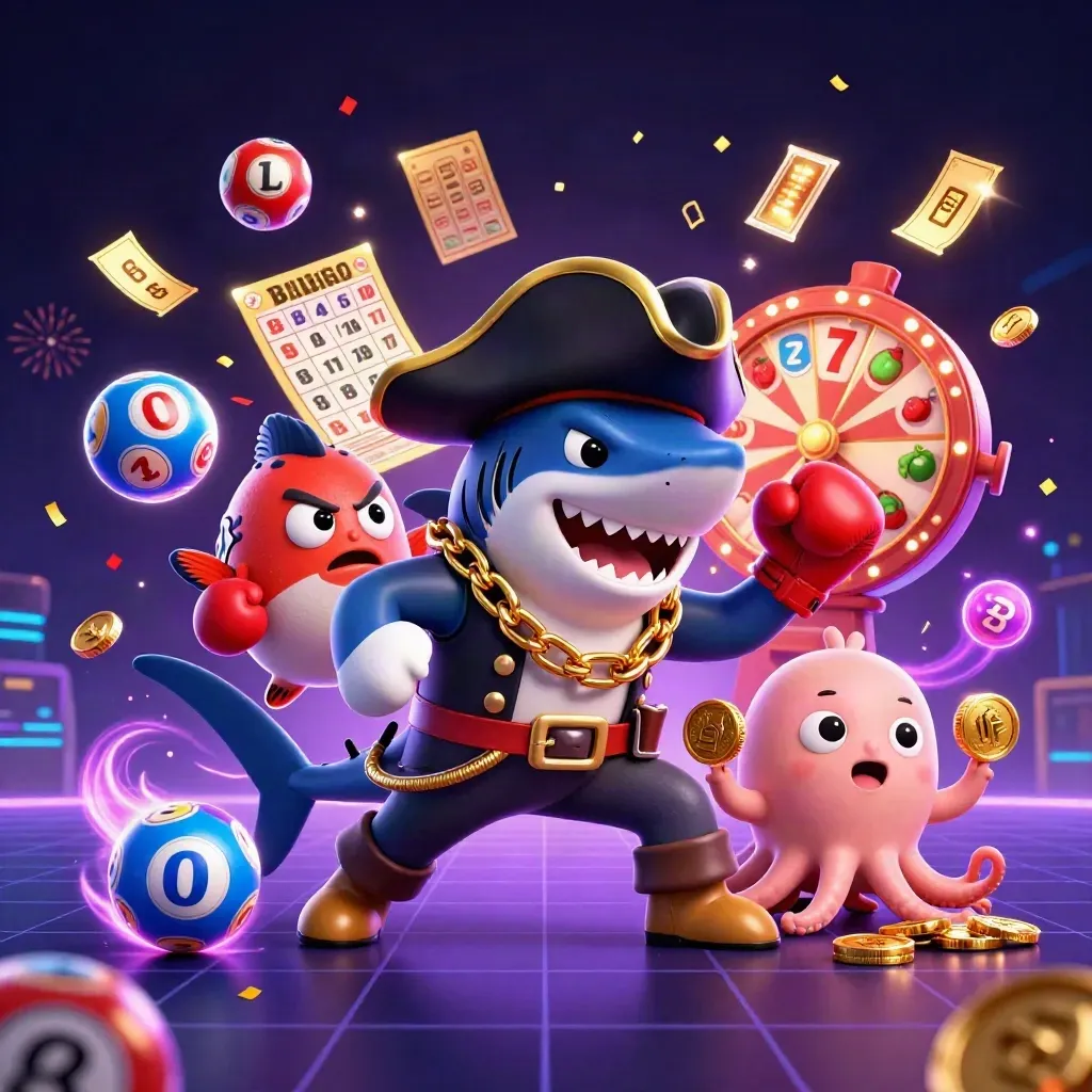 Pirate shark, boxing pufferfish and coin-juggling octopus amid casino bursts and neon glow.