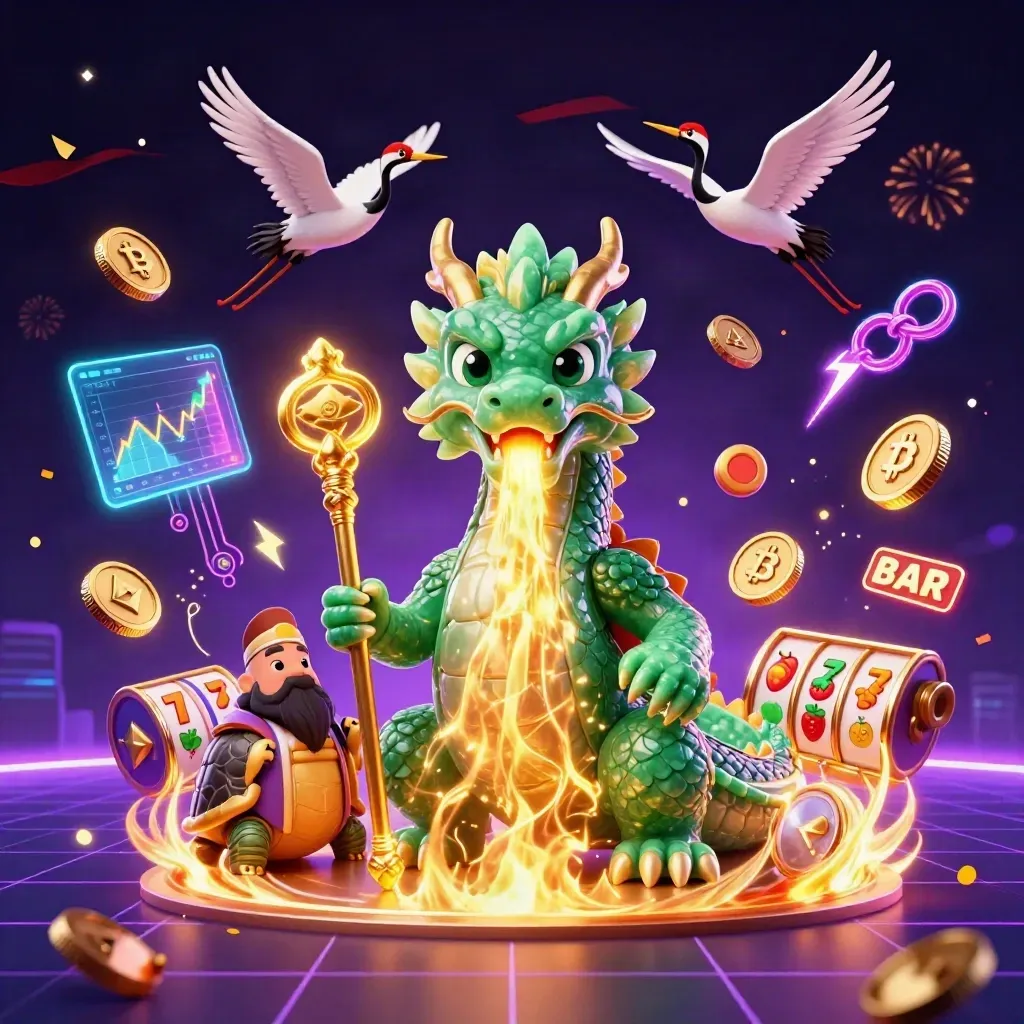 Emerald dragon, turtle sage, cranes, coins, lightning, and slot symbols in neon casino key art