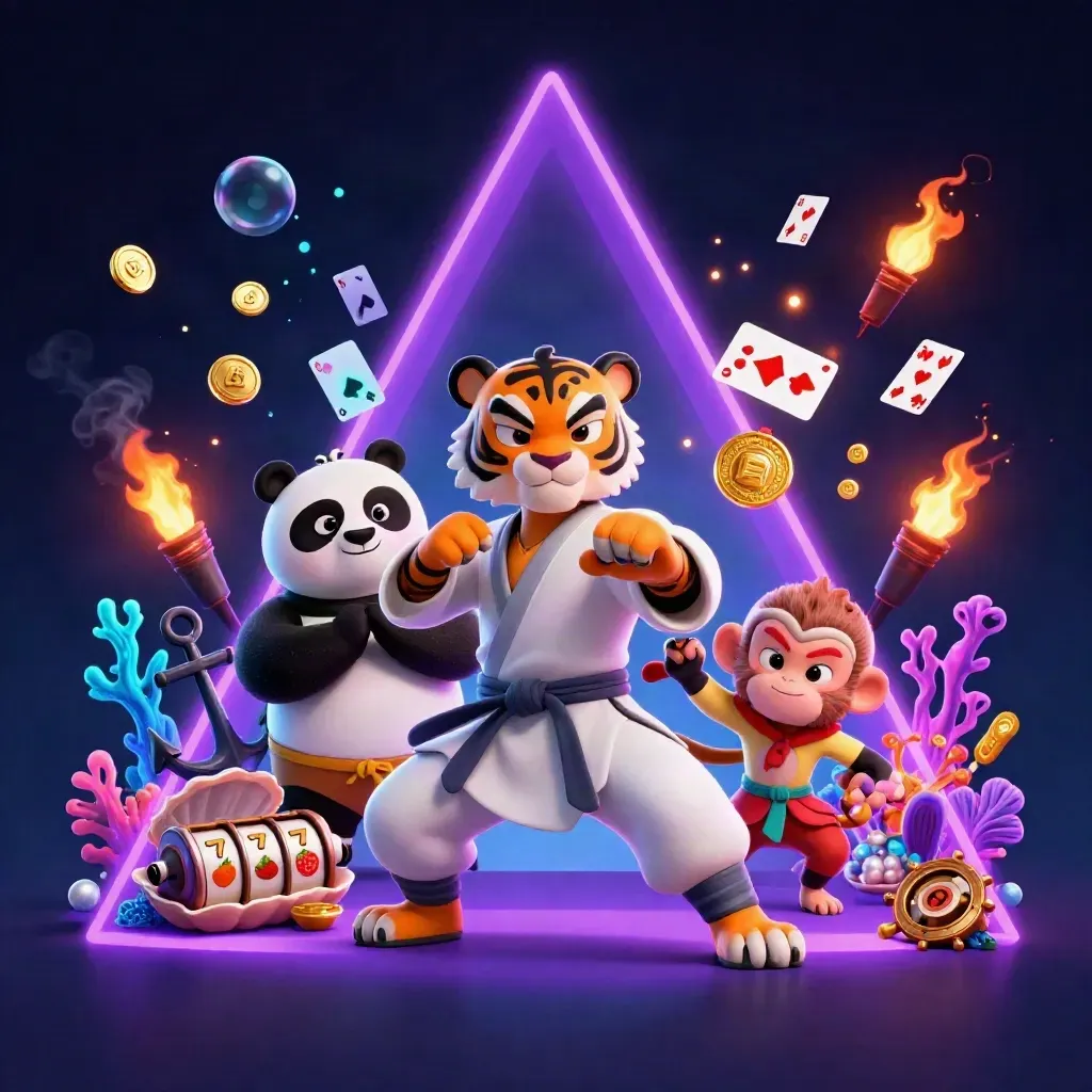 Kung-fu tiger, panda, and monkey in a treasure cove with slots and glowing coins