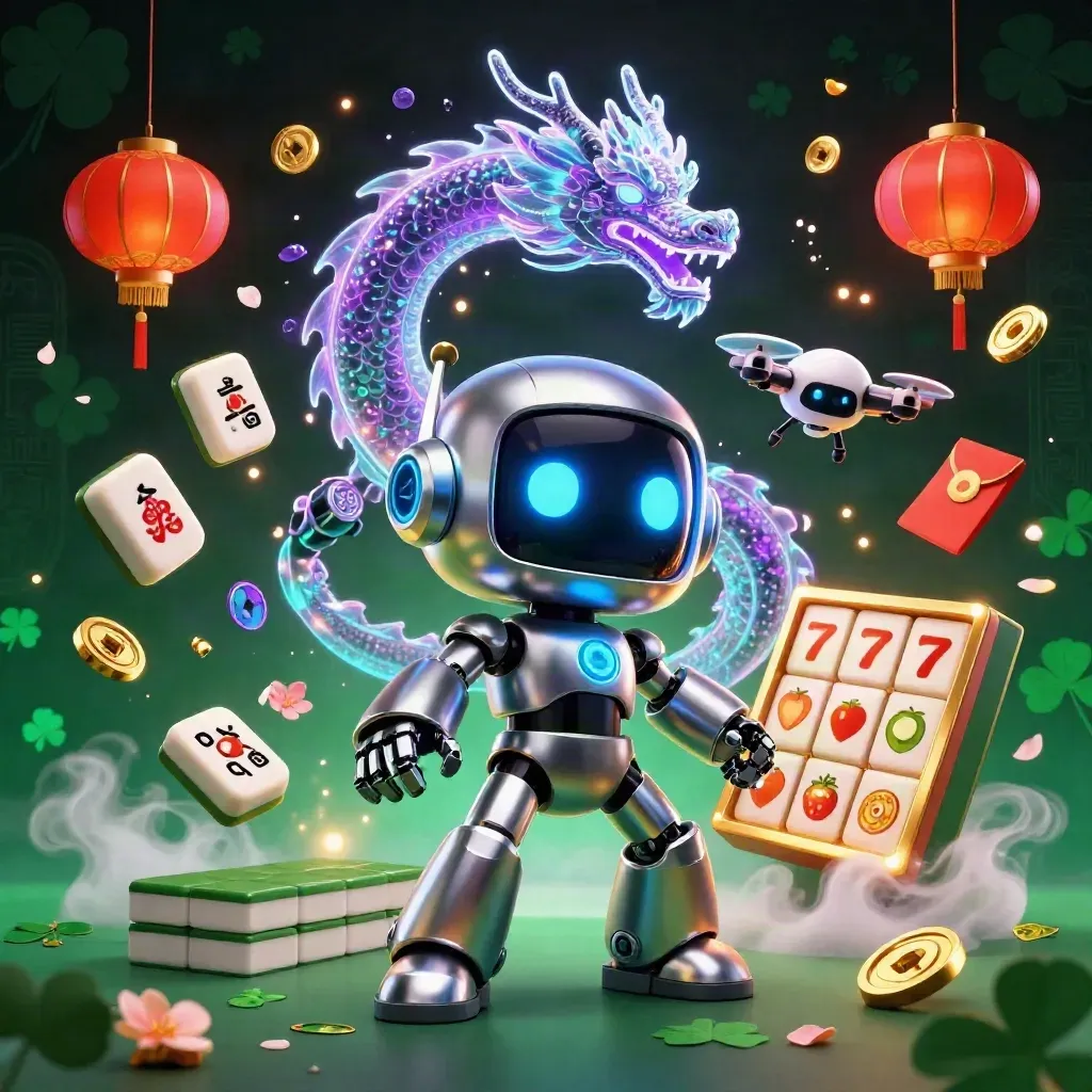 Cyberpunk robot, holographic dragon and coin drone amid casino charms on dark emerald glow.