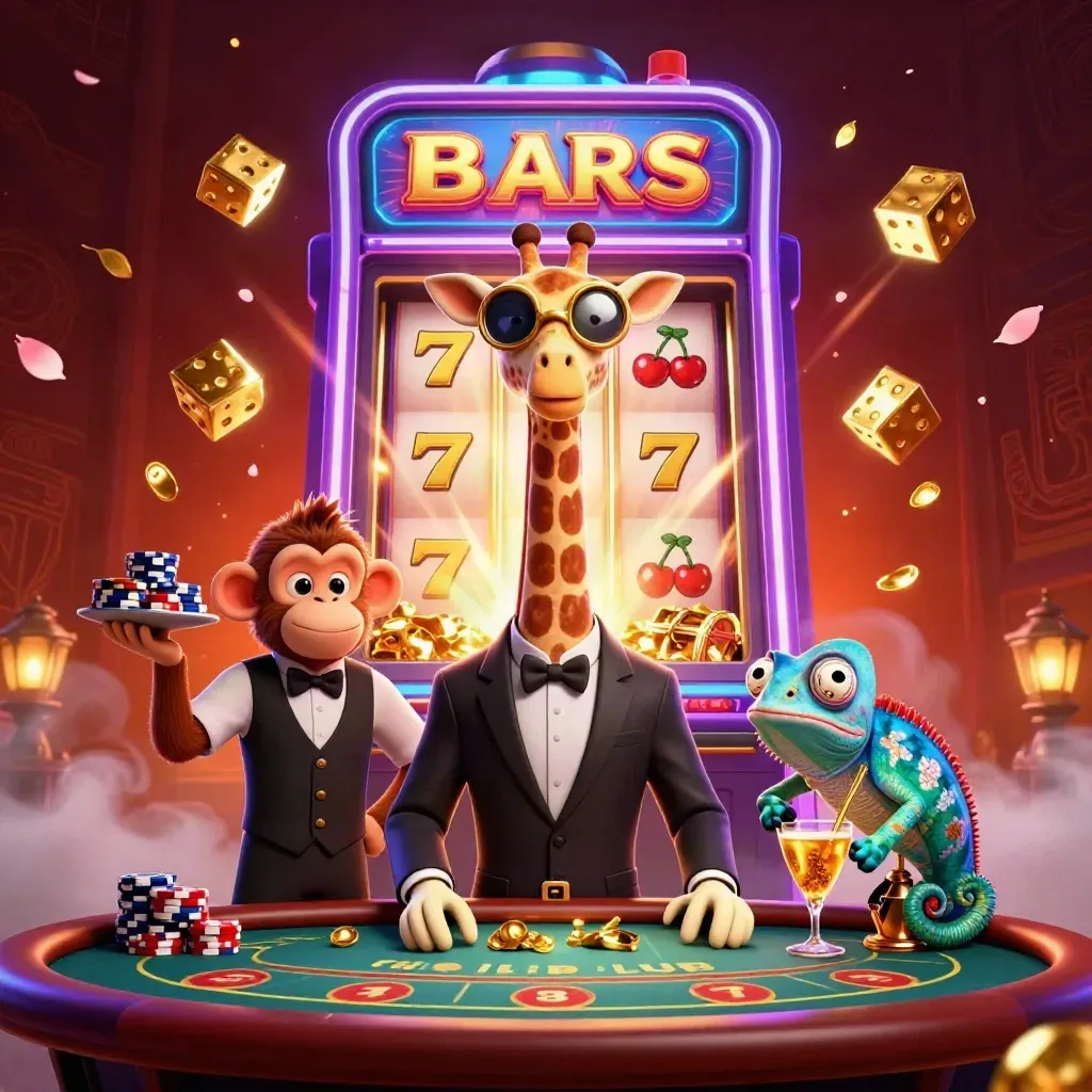 Giraffe, monkey valet, and chameleon bartender amid exploding slot machine and gold in neon casino art