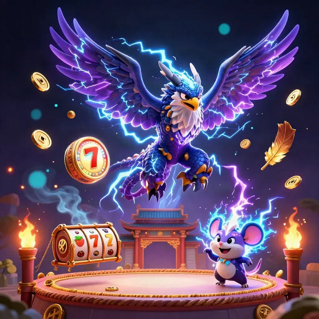 Thunder dragon, wind hawk and static mouse amid gold coins, reels and neon casino energy
