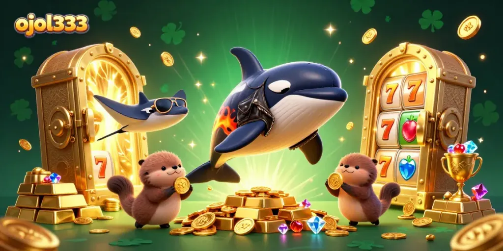 Engage with ojol333's vibrant casino scene featuring animated sea creatures celebrating with gold treasures.