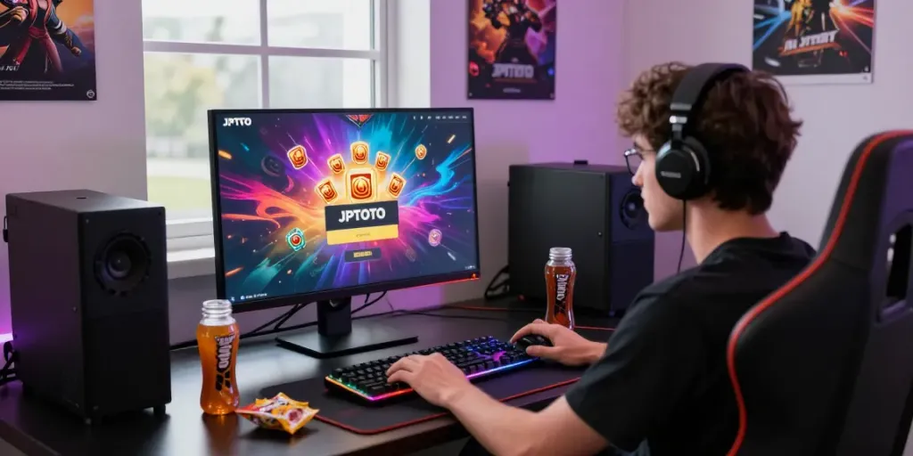 Pengguna login jptoto di komputer dengan permainan jackpot yang menarik dan aksesori gaming modern.