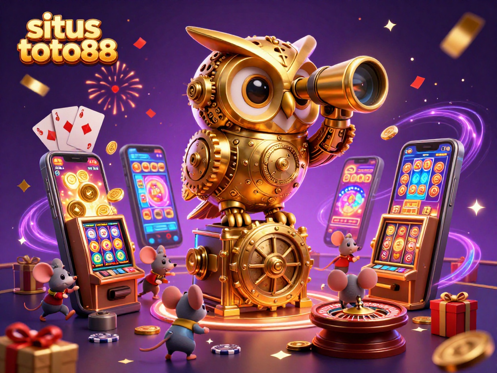 Engage with situs toto88 through vibrant slot machines and whimsical characters in a lively casino scene.