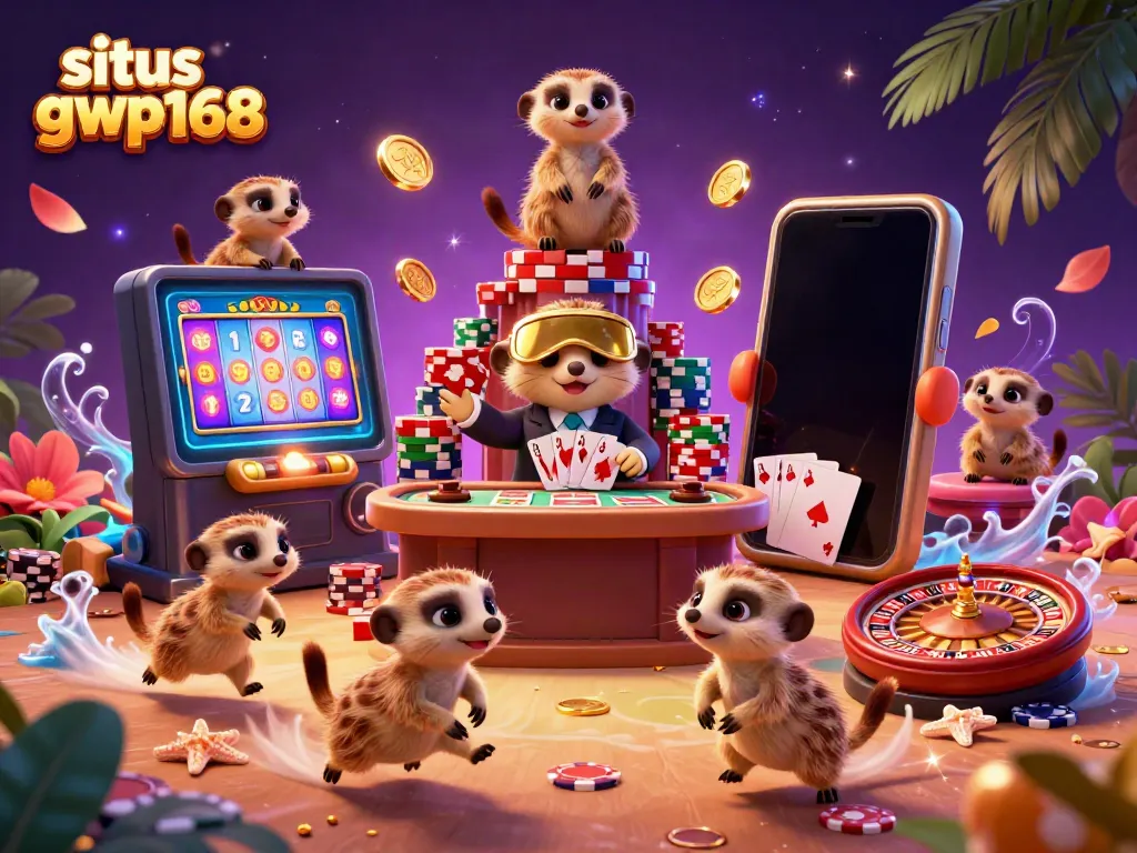 Visualisasi kasino animasi dengan meerkat di situs gwp168 yang memperlihatkan aktivitas perjudian.