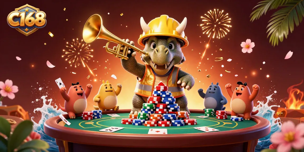 C168 offers thrilling poker action with lively characters celebrating a jackpot atmosphere