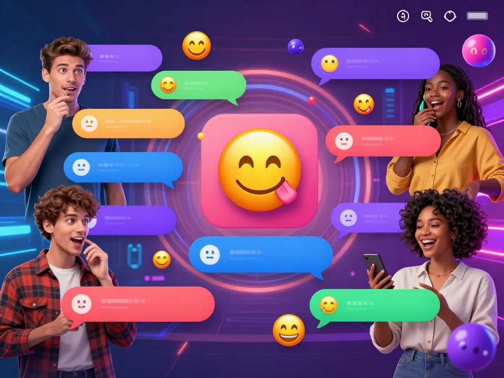 Engaging nsfw chat experience featuring diverse characters and colorful emojis in a digital conversation.