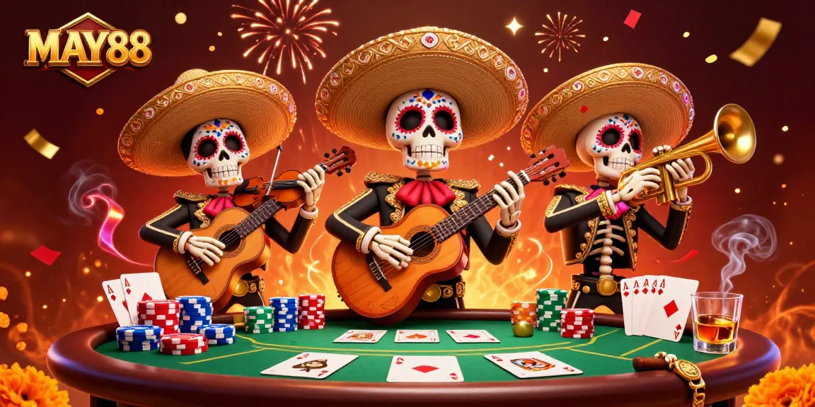 Engage in thrilling poker action at MAY88 with a vibrant mariachi celebration, colorful elements, and festive atmosphere.