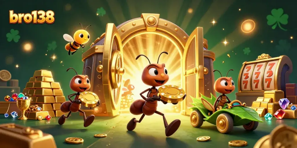 Experience the thrilling bro138 adventure with ants racing for a golden poker chip amidst dazzling casino treasures.