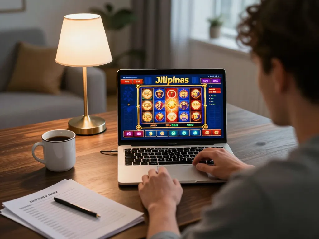 Engaging online gaming session at Jilipinas with player excited about wins on laptop