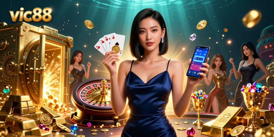 Experience the excitement of vic88 with a stunning Asian woman showcasing a casino app amidst gold and jewels.