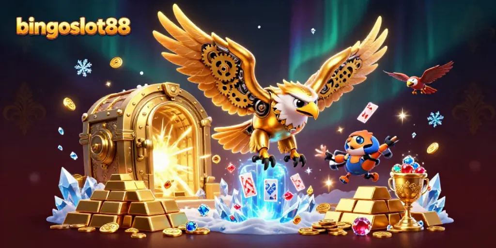 Masuki dunia bingoslot88 dengan ilustrasi 3D yang menampilkan karakter falcon dan elemen kasino yang megah.