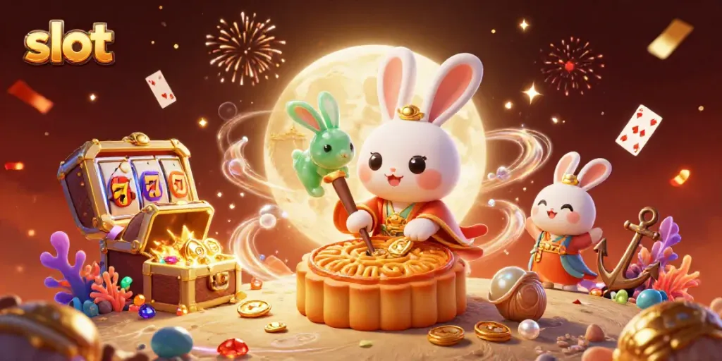 Play dynamic slot games with cartoon moon rabbit characters amid a vibrant casino atmosphere.