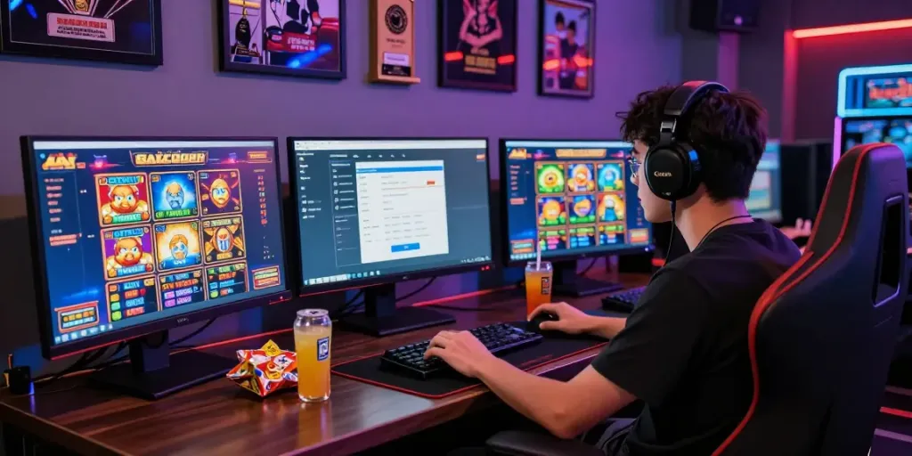 Player engaging with slot gacor games in a vibrant gaming setup