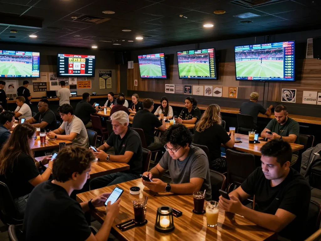 Engaged fans using their devices for real-time god55 sports betting at a lively sports bar.