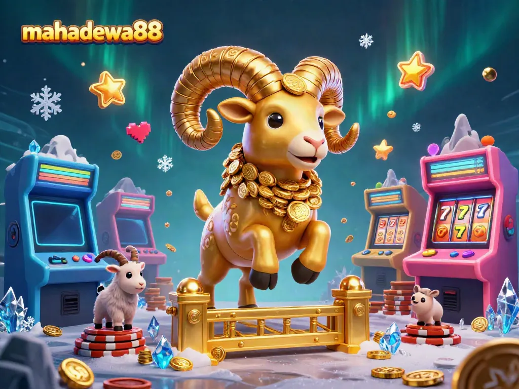 Experience thrilling gaming with mahadewa88, featuring a golden ram charging through a slot-filled landscape