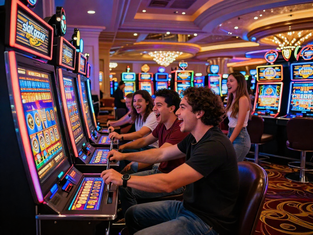 Friends enjoying a lively "slot gacor" game at a vibrant casino, showcasing the thrill of winning.
