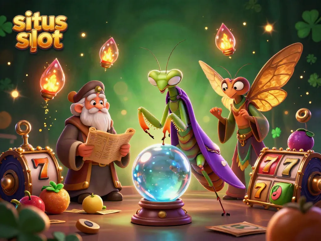 Experience situs slot excitement with a mystical fortune teller, a moth librarian, and vibrant slot elements.