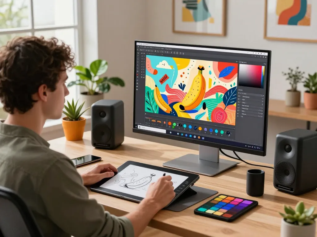 Creating digital art using nano banana 2 AI editor in a vibrant workspace.