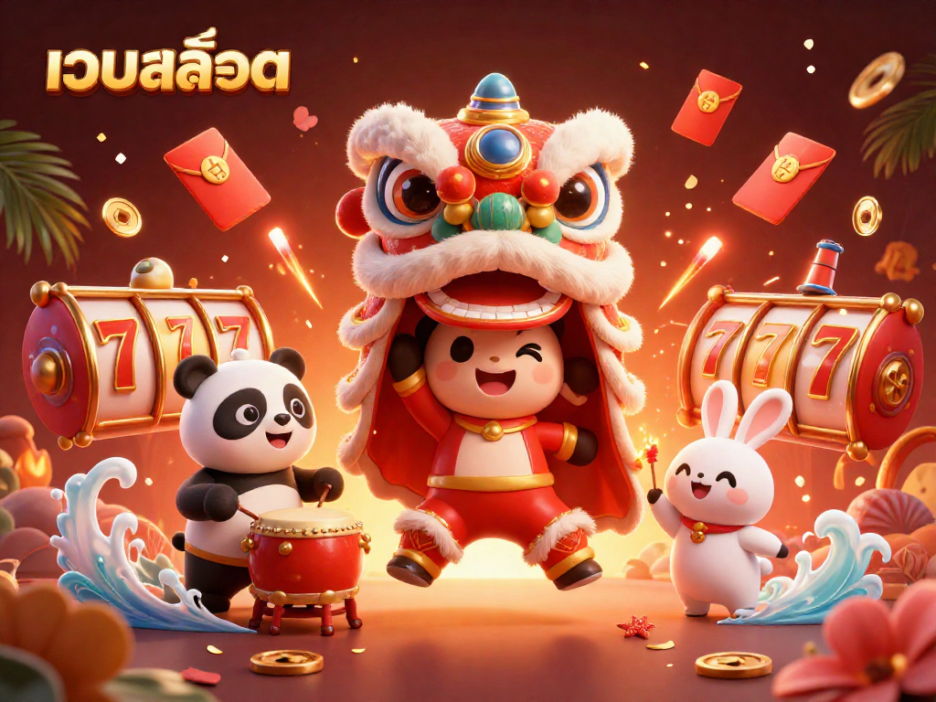 Experience เว็บสล็อต excitement with vibrant characters and dynamic slot elements in a festive scene.