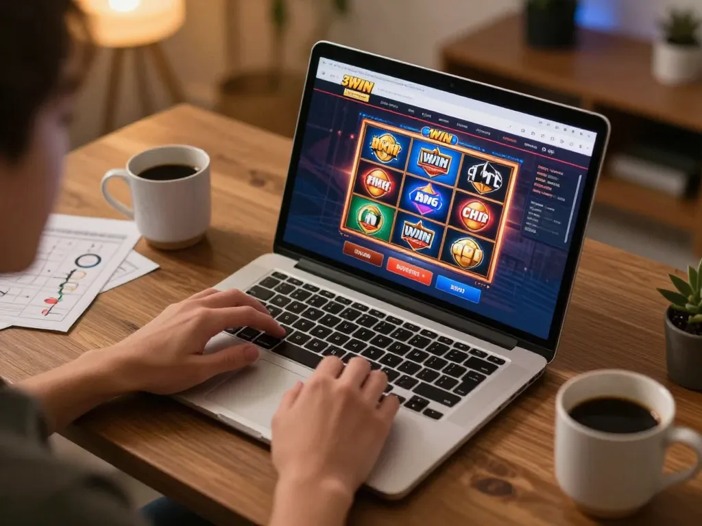 Player engaging with 3win online casino on laptop, emphasizing strategic betting practices in a cozy home setting.