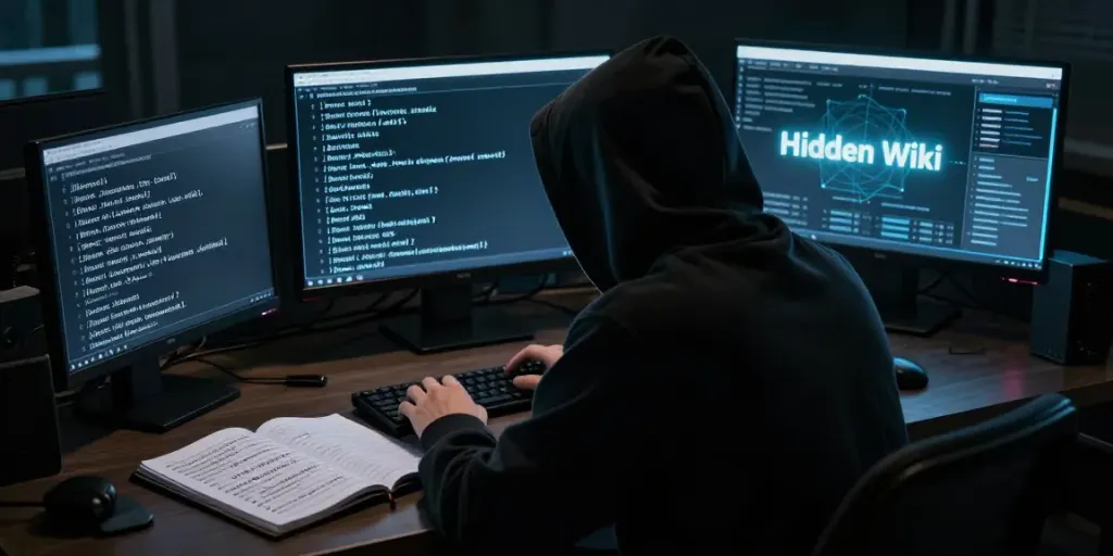 Person exploring hidden wiki dark web links on multiple monitors in a dimly lit room, conveying intrigue and caution.