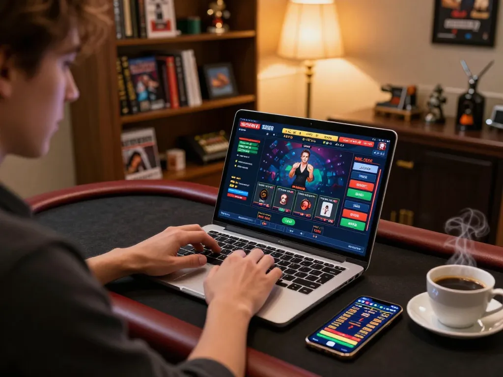 Engage in strategic gameplay at net88 with a laptop showcasing live dealer games, enhancing online casino experience.