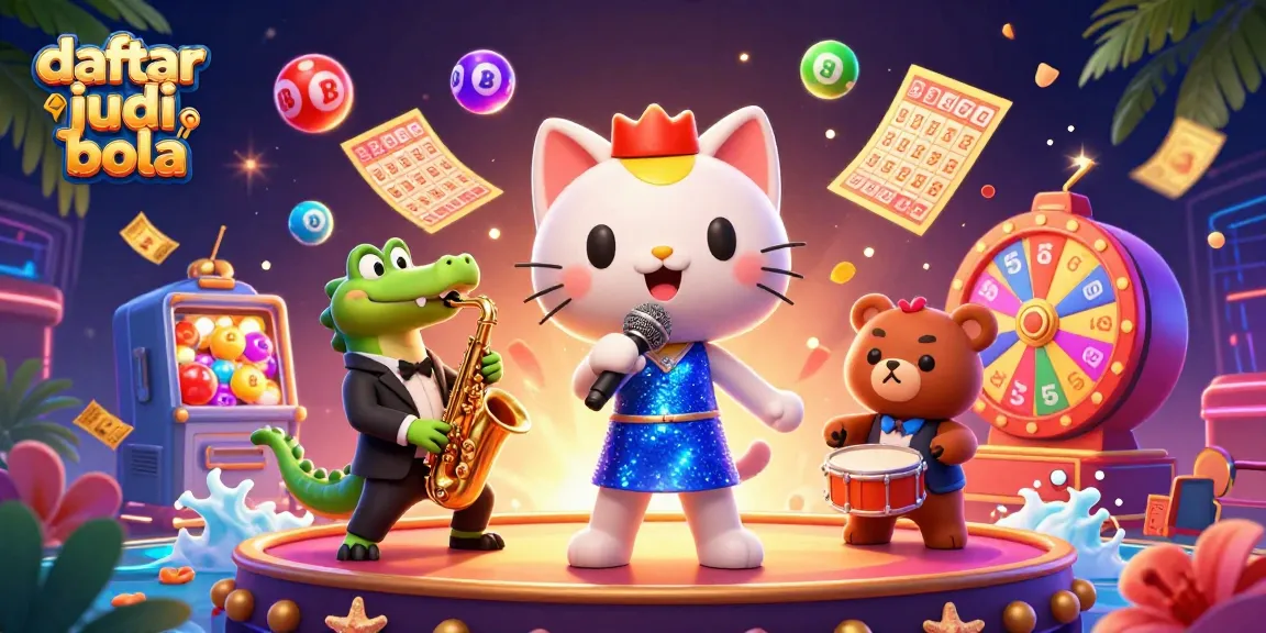Engage with daftar judi bola in this vibrant casino scene featuring fun characters and colorful gaming elements.