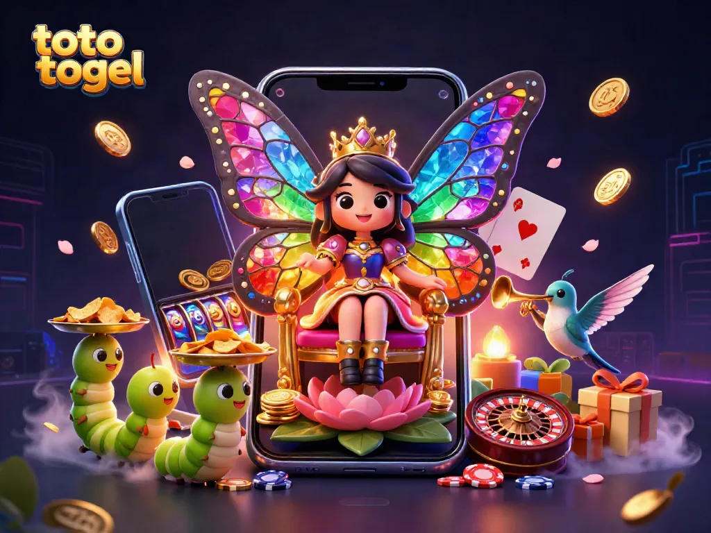 Experience thrilling toto togel gameplay with a vibrant scene of a butterfly queen and smartphone, evoking excitement.