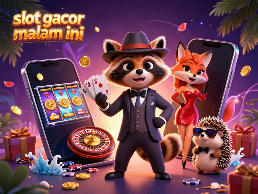 Menangkan slot gacor malam ini dengan rakun, rubah, dan landak dalam ilustrasi kasino yang meriah.