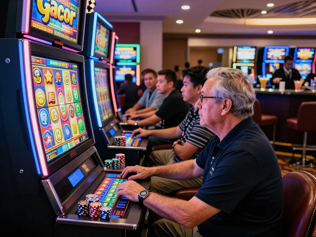 Engaging scene of a player experiencing slot gacor hari ini in a lively casino environment, showcasing vibrant slot machines and excited players.