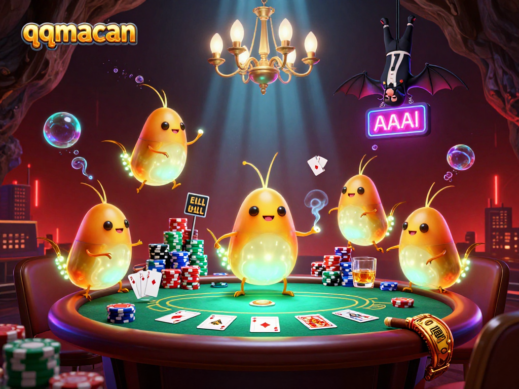 Experience the excitement of QQmacan casino gaming with vibrant bioluminescent glowworms and a bat dealer.
