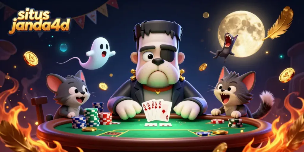 Gambarkan momen situs janda4d saat monster bulldog Frankenstein bermain kartu di meja hijau yang menyeramkan.