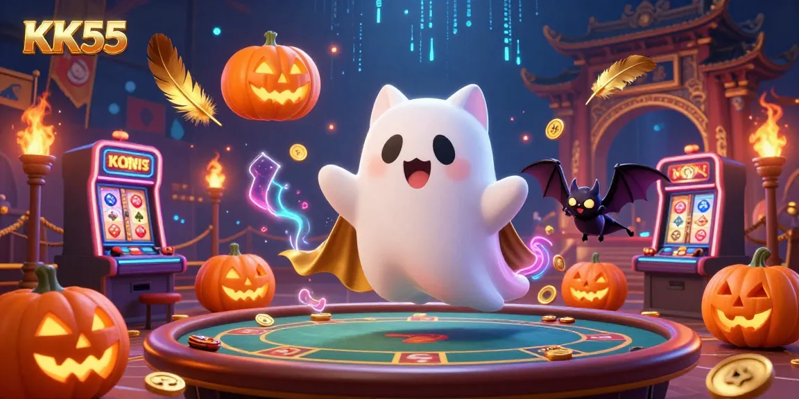 Engage with KK55’s thrilling casino atmosphere, featuring a ghost cat and vampire bat in action.