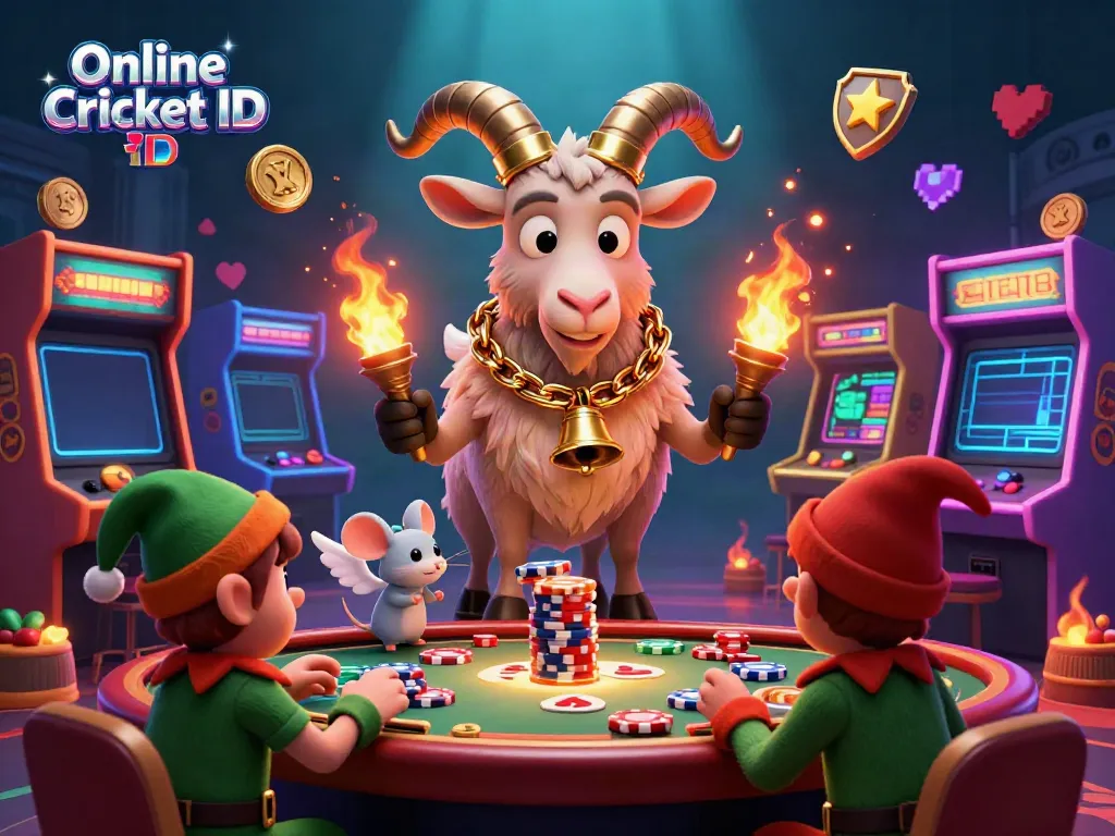 Engage in thrilling cricket betting with your Online Cricket ID in this colorful animated casino scene full of action.