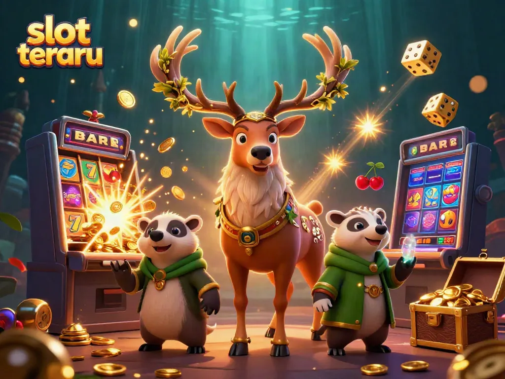 Slot terbaru dan simbol keberuntungan dengan mesin slot meledak penuh uang koin dalam suasana magis.