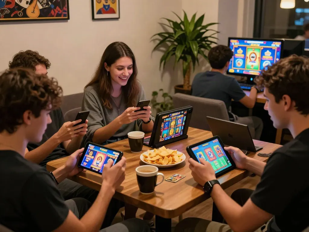 luxury12 players enjoying vibrant slot games in a cozy lounge