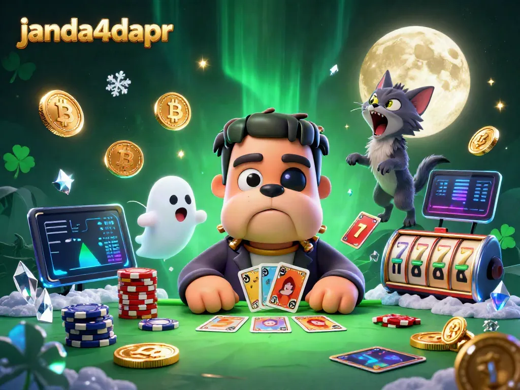 janda4dapr menampilkan anjing Frankenstein menghadapi tantangan judi dengan kartu dan chip di depan meja hijau menyeramkan.