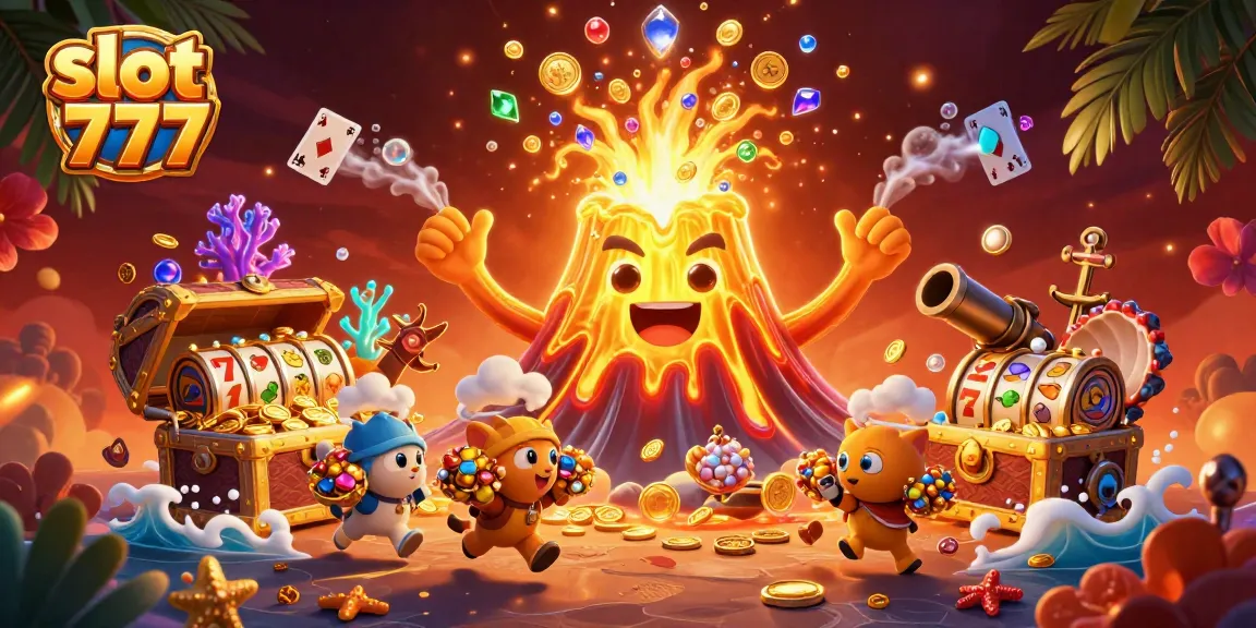 Experience the thrill of slot 777 gaming with a golden volcano unleashing treasures and excitement.