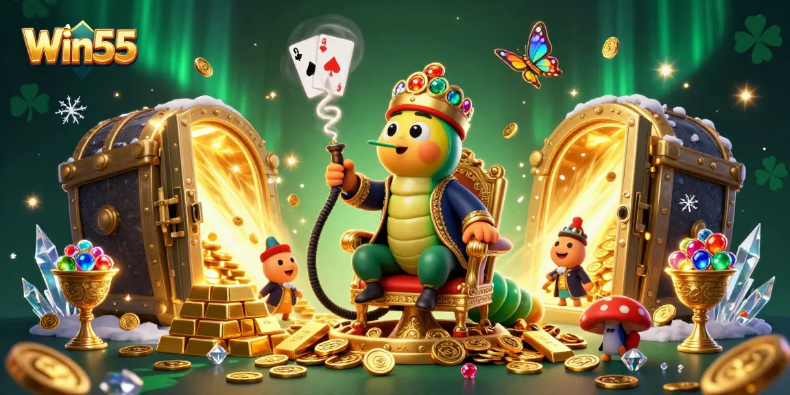 Win55 captivates with a vibrant casino scene featuring a whimsical caterpillar, poker symbols, and sparkling gold treasures.