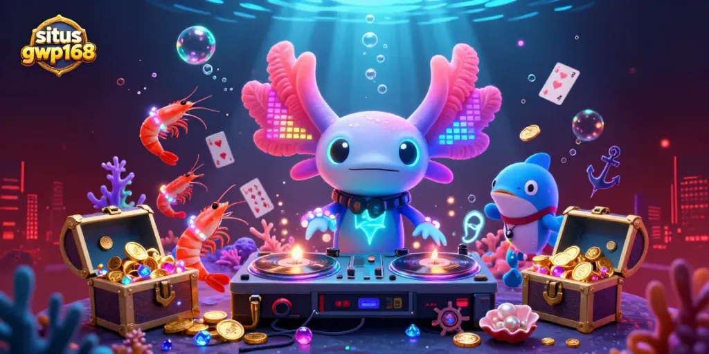 Menghadirkan situs gwp168, pengalaman bermain game slot online dengan DJ axolotl yang ceria dan karakter laut lainnya.
