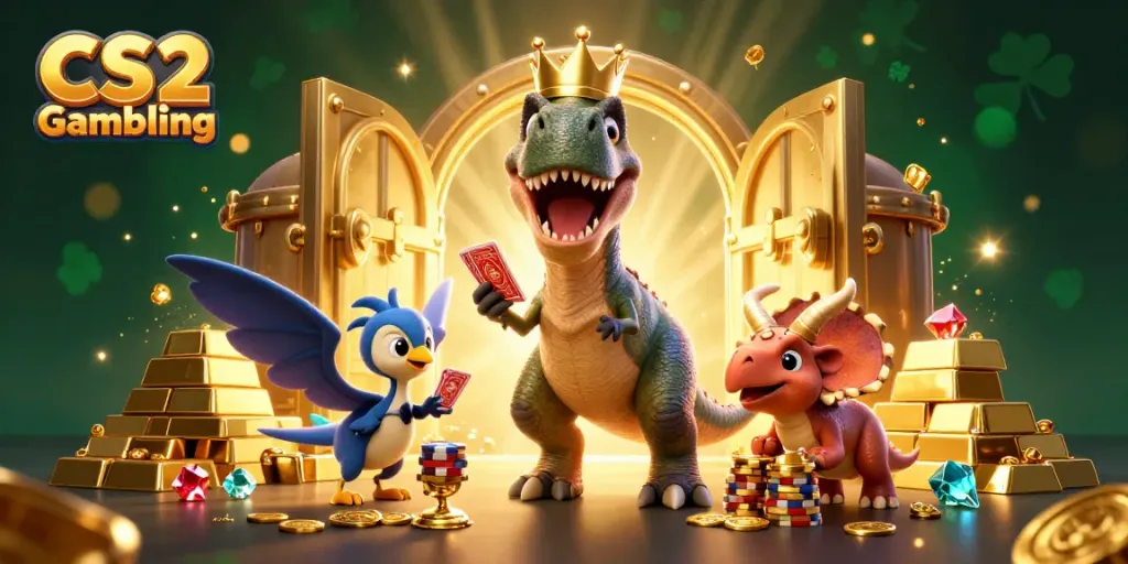 Experience exciting CS2 Gambling with fun characters in a vibrant casino scene filled with treasures.