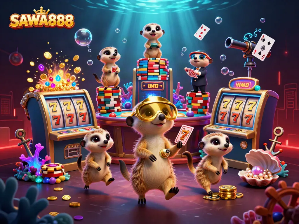Engage in an exciting casino adventure with SAWA888 featuring lively meerkats and vibrant slot elements.