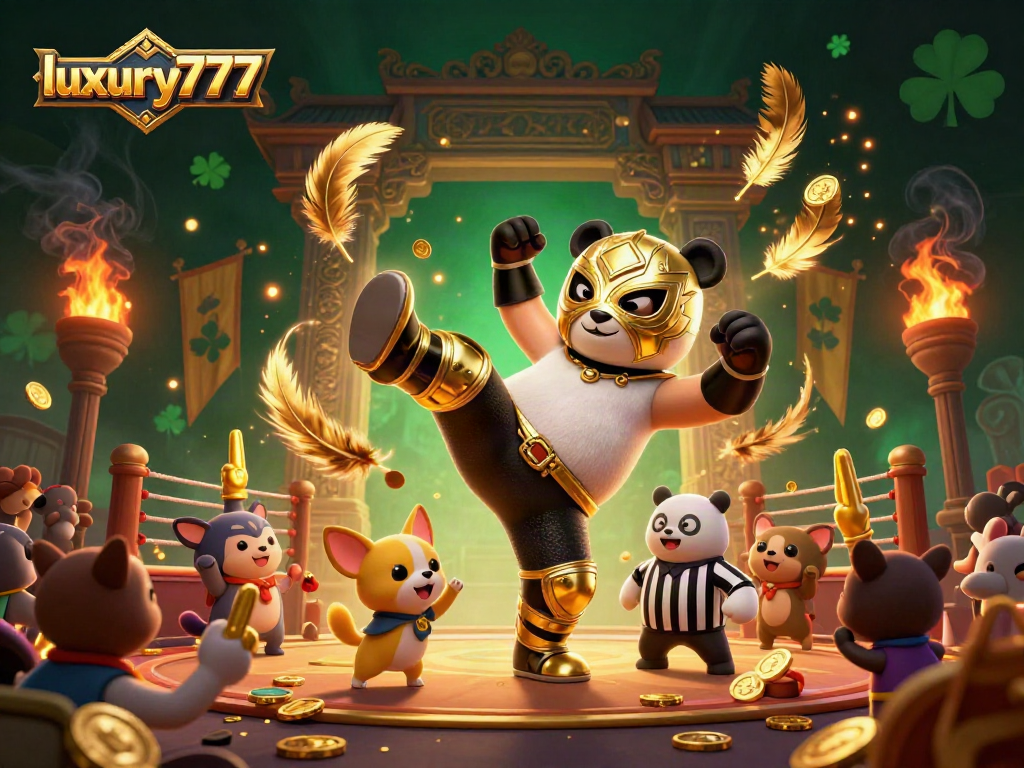 Permainan luxury777 slot yang mengasyikkan dengan panda pegulat dan tokoh lucu di arena pertarungan.