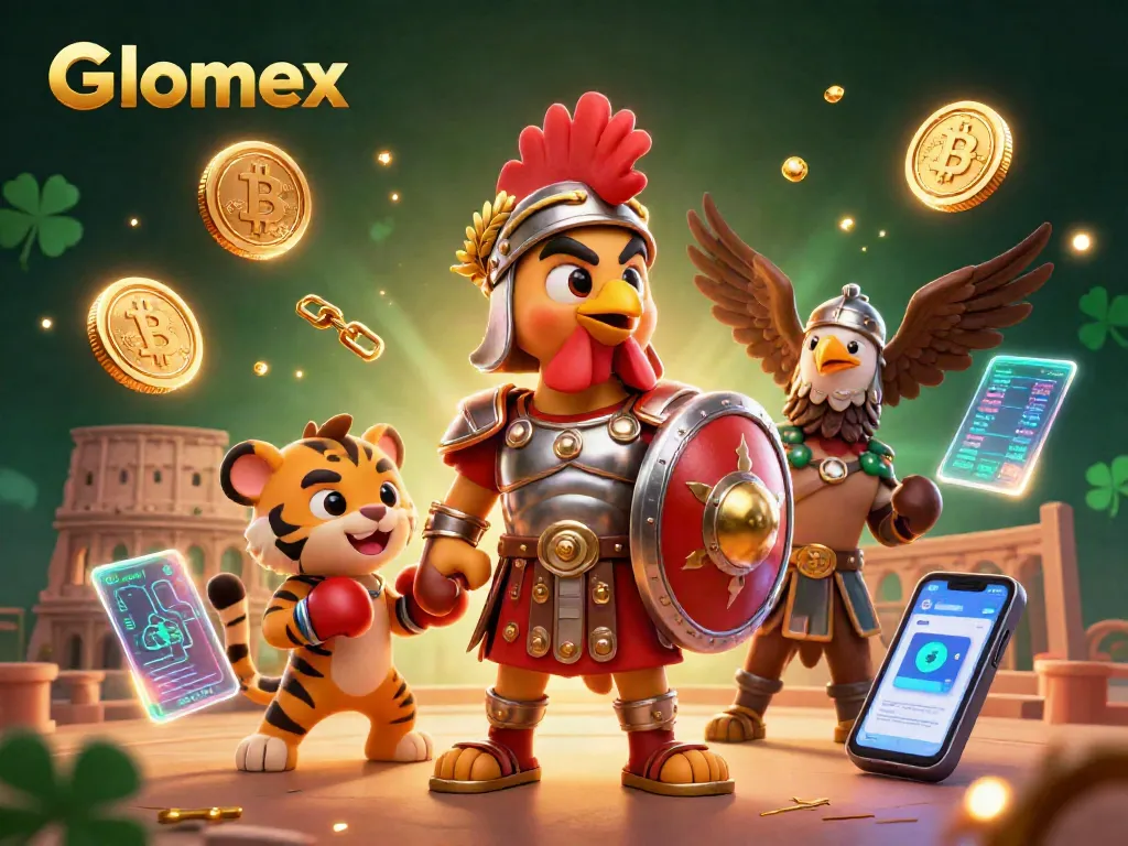 Engage with Glomex's crypto casino excitement featuring vibrant coins and 3D characters.