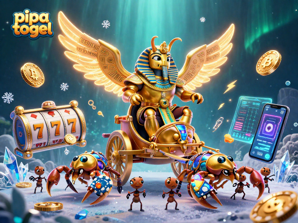 Pipa togel slot gaming scene featuring a golden scarab beetle and scorpions amidst vibrant crypto elements.