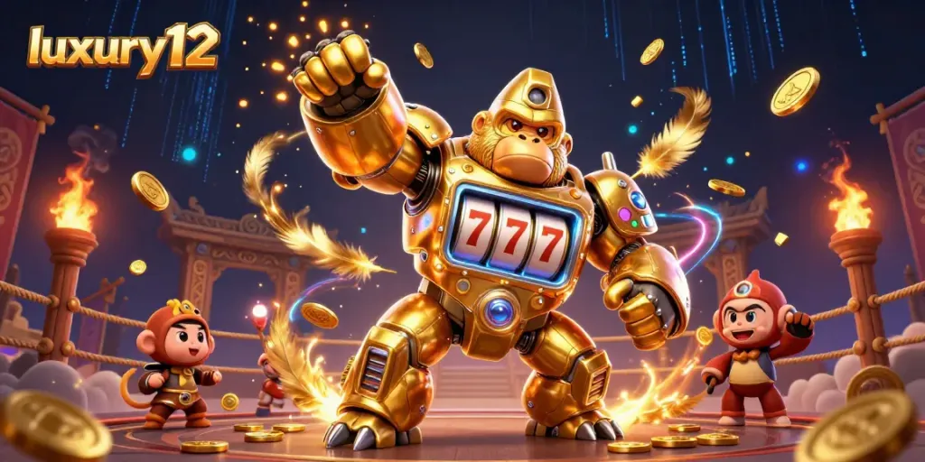 Bermain slot di luxury 12 dengan mesin slot gorila emas yang memukau dan koin berterbangan.