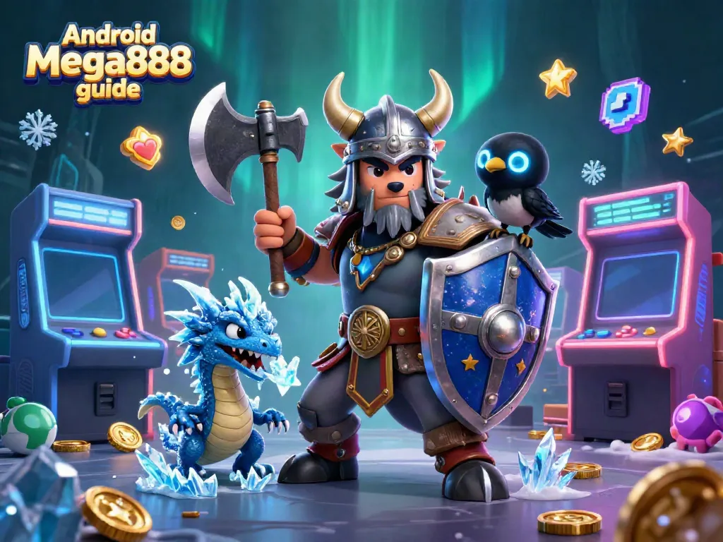 Engage with the Android Mega888 guide illustrated by a Viking warrior and dragon in a dynamic casino scene.