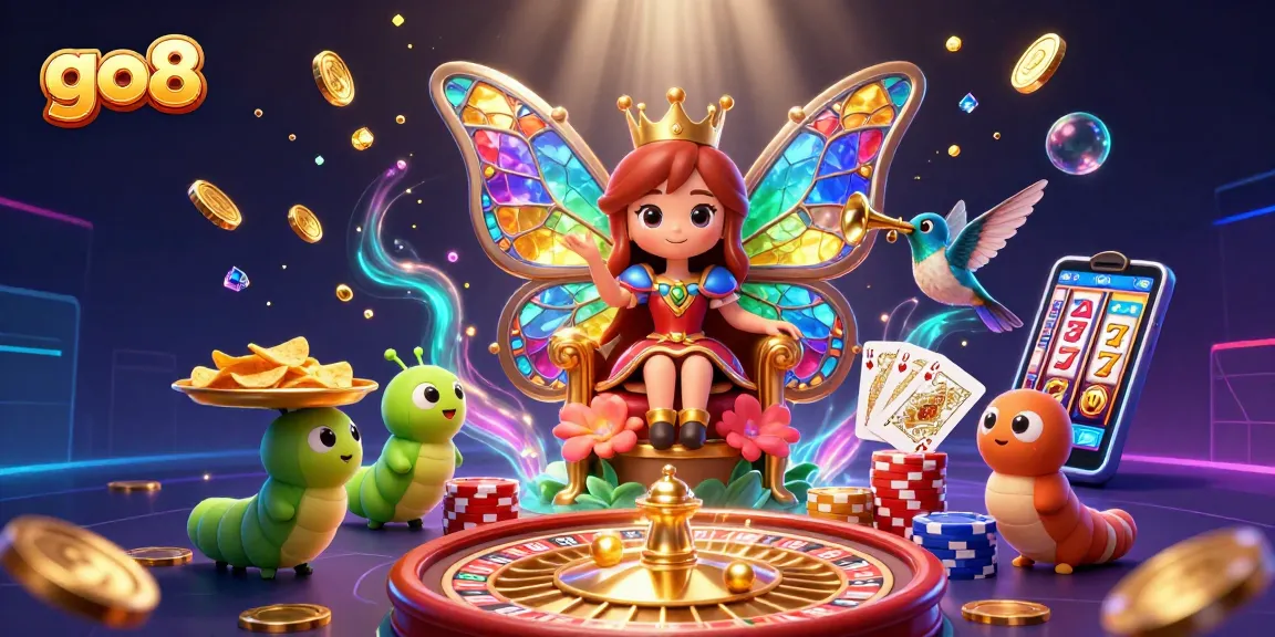 Engage with go8's vibrant casino experience featuring a butterfly queen amidst golden coins and cards.